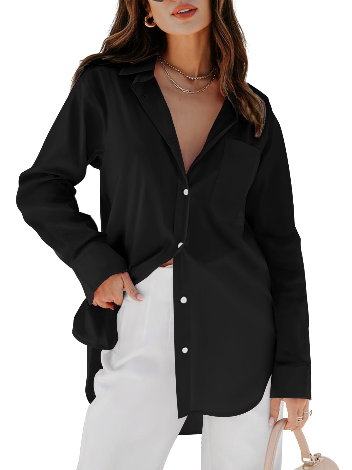 Women's Button Down Shirt - Long Sleeve V-Neck Blouse with Pockets