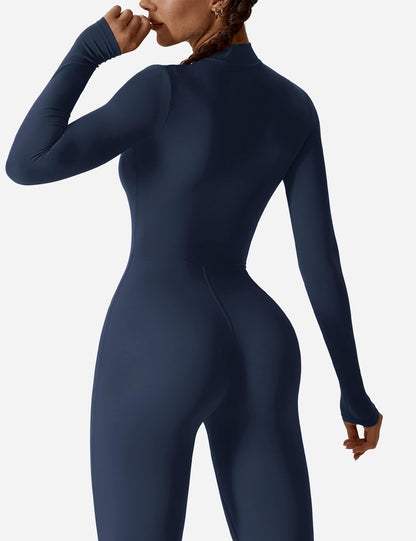 Women's Long Sleeve Workout Jumpsuit - Zip Up Bodycon Romper One Piece