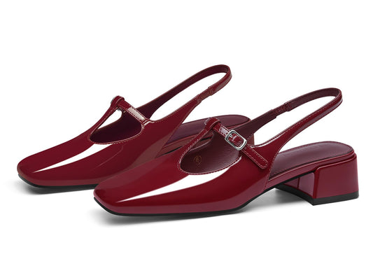 Coutgo Womens Mary Jane Slingback Low Heels T Strap Chunky Heel Closed Toe Pumps Wedding Party Dress Shoes, Deep Red, Size 6.5