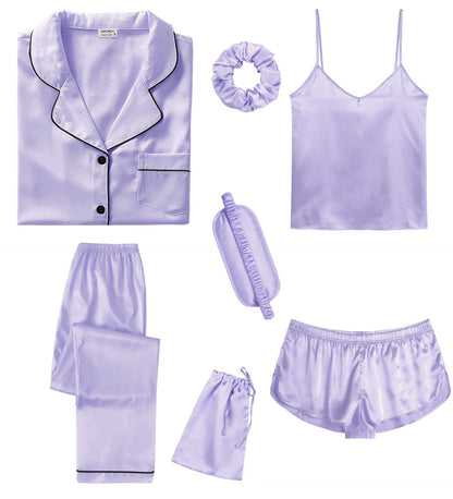 SWOMOG Womens Silk Satin Pajamas Sets 7pcs Sleepwear Sexy Cami Shorts Set and Button Down Short Sleeve Satin Pjs