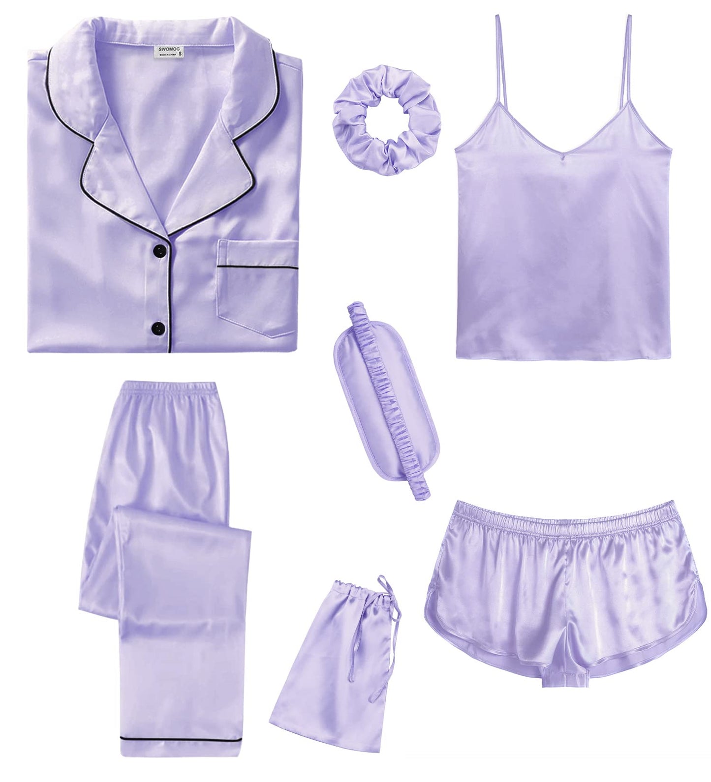 SWOMOG Womens Silk Satin Pajamas Sets 7pcs Sleepwear Sexy Cami Shorts Set and Button Down Short Sleeve Satin Pjs