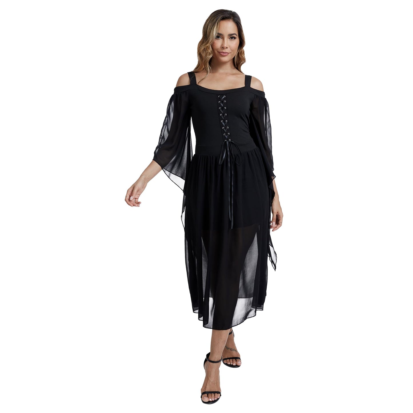 Medieval Costume Dress for Women - Renaissance Gothic Gown with Trumpet Sleeves