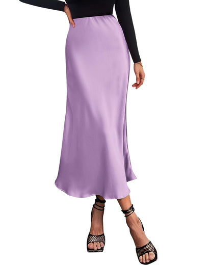 Women's High Waist Satin Midi Skirt - Elegant A-Line Flowy Party Wedding Skirt Purple