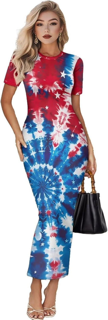 Women's Jamaican Flag Bodycon Midi Dress Short Sleeve Patriotic