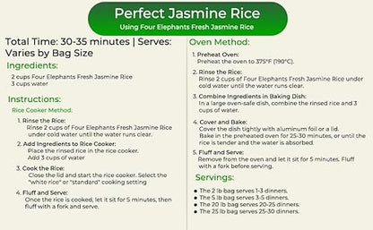 25 Pounds (LBS) Premium Thai Hom Mali Jasmine Rice | Endorsed By Pro Chefs | Four Elephants Brand | DIY Friendly Cooking Instructions Packaging