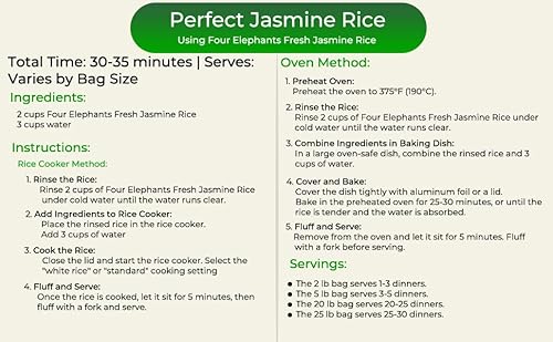 25 Pounds (LBS) Premium Thai Hom Mali Jasmine Rice | Endorsed By Pro Chefs | Four Elephants Brand | DIY Friendly Cooking Instructions Packaging