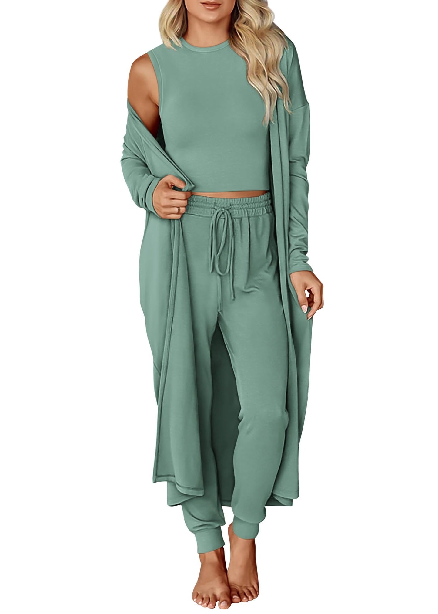 KIRUNDO 3 Piece Lounge Sets for Women Airport Travel Vacation Outfits 2025 Fall Cardigan Matching Sleeveless Top Jogger Pants