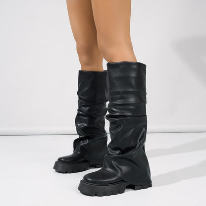 Tasteall Fold Over Boots for Women, Wide Calf Slouchy Boots, Chunky Platform Boots with Mid Calf, Black Size 7