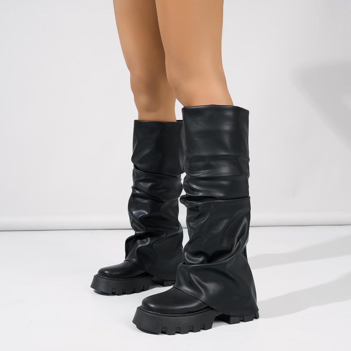 Tasteall Fold Over Boots for Women, Wide Calf Slouchy Boots, Chunky Platform Boots with Mid Calf, Black Size 7