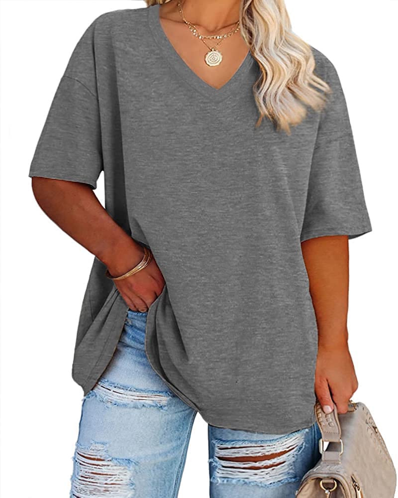 Cato Fashions Online - Women's Plus Size V-Neck Cotton T-Shirts - Summer Half Sleeve Casual Loose Fit Tunic Tops Dark Grey