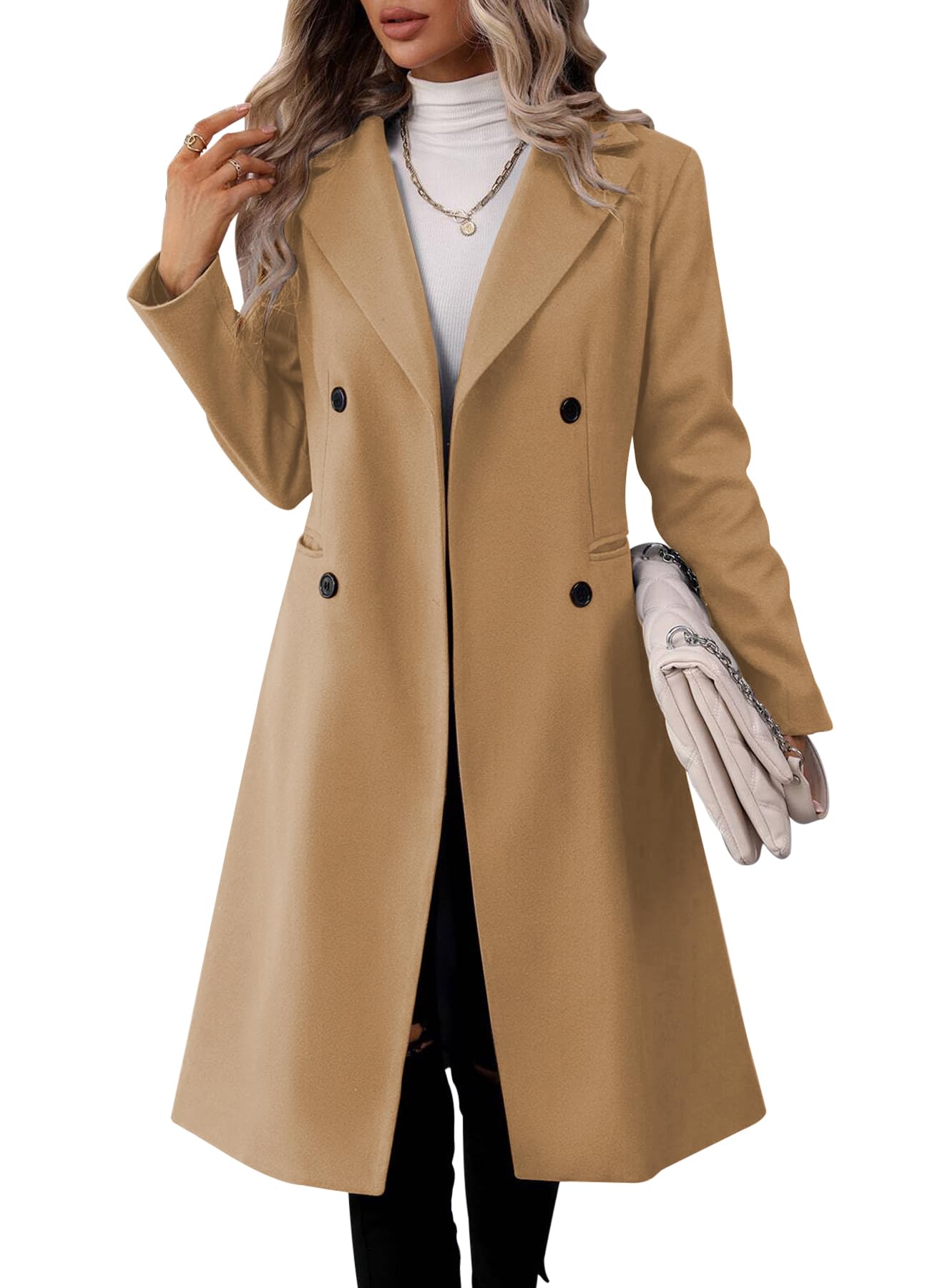 Danedvi Womens Long Double Breasted Coats Lapel Collar Pea Coat Winter Slim Fit Jackets Trench Coat Outwear