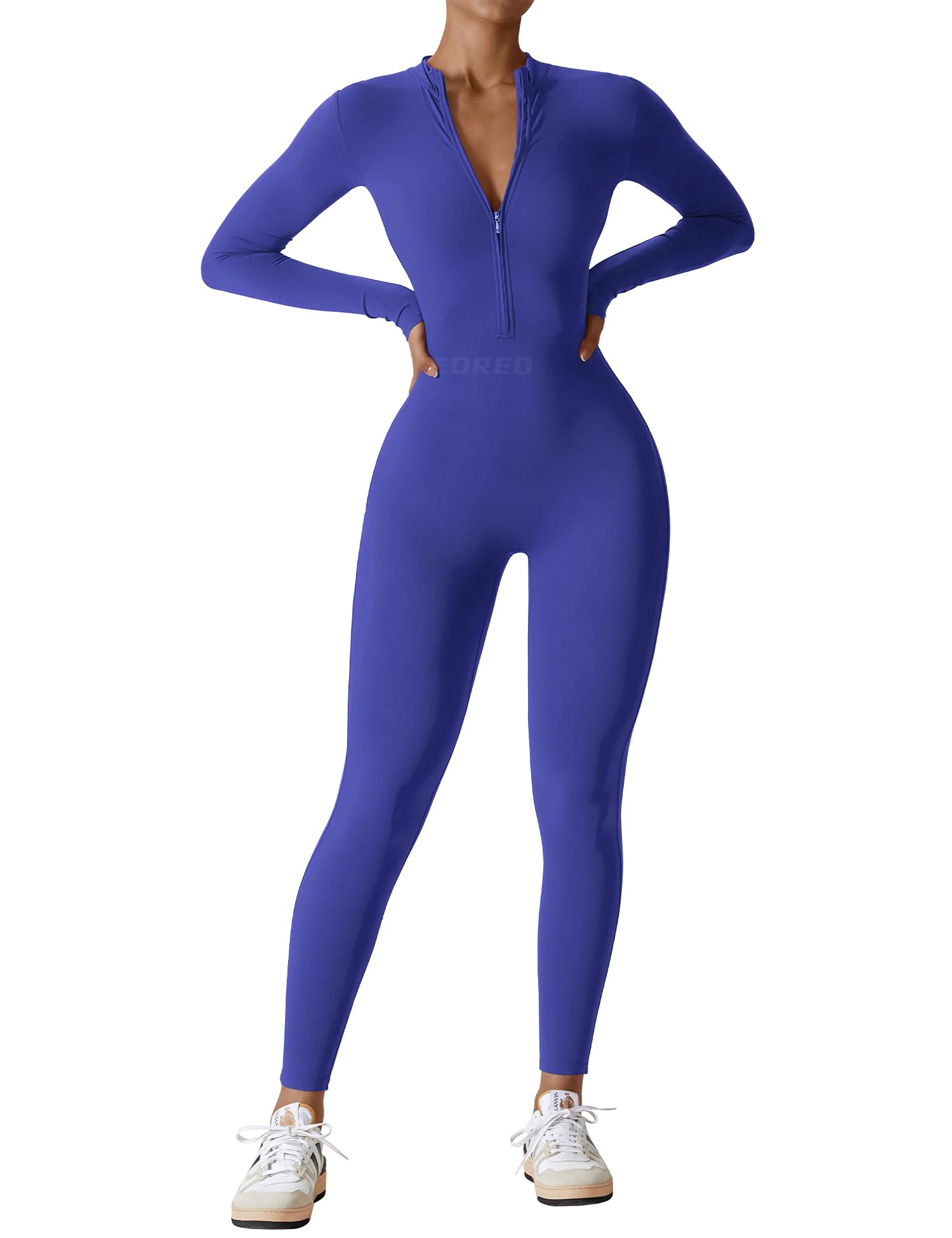 Women's Long Sleeve Workout Jumpsuit - Zip Up Bodycon Romper One Piece