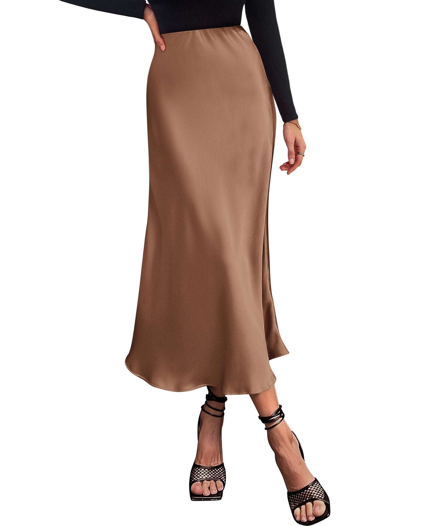 Women's High Waist Satin Midi Skirt - Elegant A-Line Flowy Party Wedding Skirt Coffee