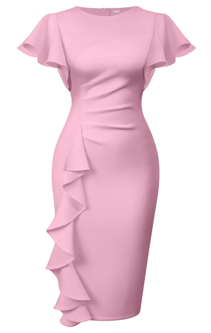 Cato Fashions Online - Women's Vintage Ruffle Sleeve Bodycon Midi Dress - Church Work Office Pencil Dress Pink