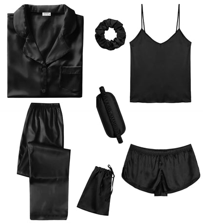 SWOMOG Womens Silk Satin Pajamas Sets 7pcs Sleepwear Sexy Cami Shorts Set and Button Down Short Sleeve Satin Pjs