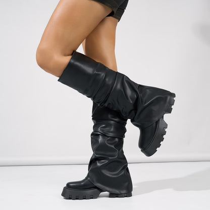 Tasteall Fold Over Boots for Women, Wide Calf Slouchy Boots, Chunky Platform Boots with Mid Calf, Black Size 7