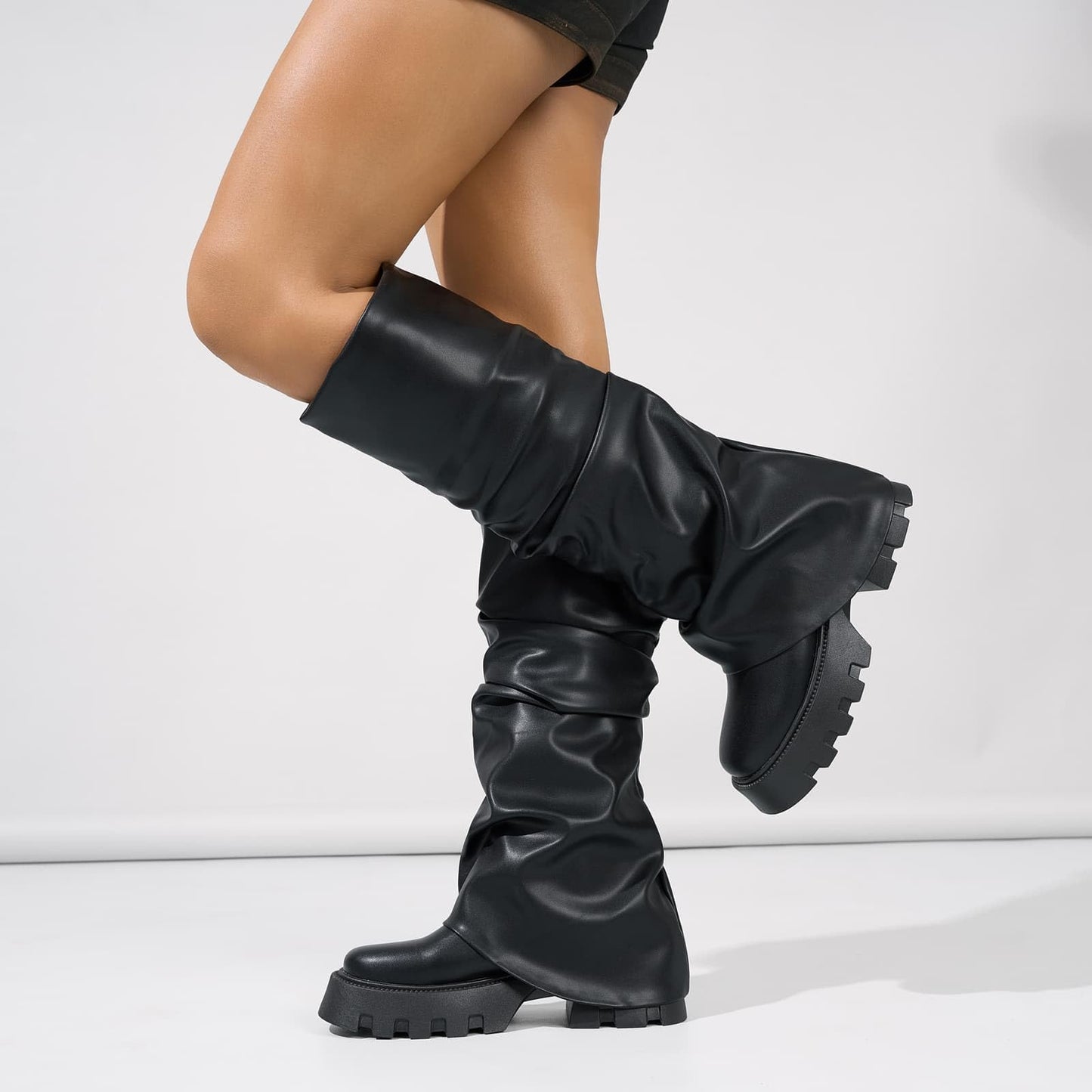Tasteall Fold Over Boots for Women, Wide Calf Slouchy Boots, Chunky Platform Boots with Mid Calf, Black Size 7