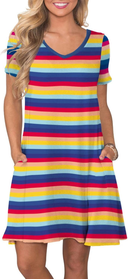 Women's Casual T-Shirt Dress Short Sleeve Summer Swing Dress with Pockets Deep Rainbow Strips