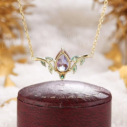 SHAMA JEWELS HUB Unique Alexandrite Spring Leaf Necklace Pendant Nature Inspired Yellow Gold Women Anniversary Necklace graduation gifts For Mom Jewelry