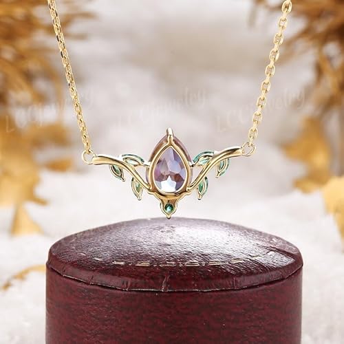 SHAMA JEWELS HUB Unique Alexandrite Spring Leaf Necklace Pendant Nature Inspired Yellow Gold Women Anniversary Necklace graduation gifts For Mom Jewelry