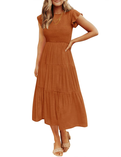 Blue Casual Dresses - Women's Summer Tiered Midi Dress - Flutter Sleeve Smocked Waist Medium Orange