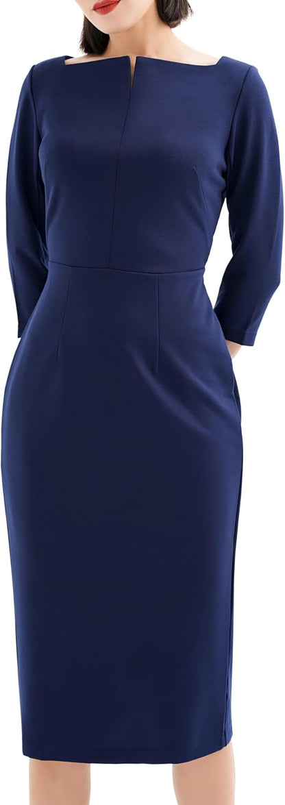 Work Office Business Dress - Square Neck Sheath Midi Dress with Long Sleeves