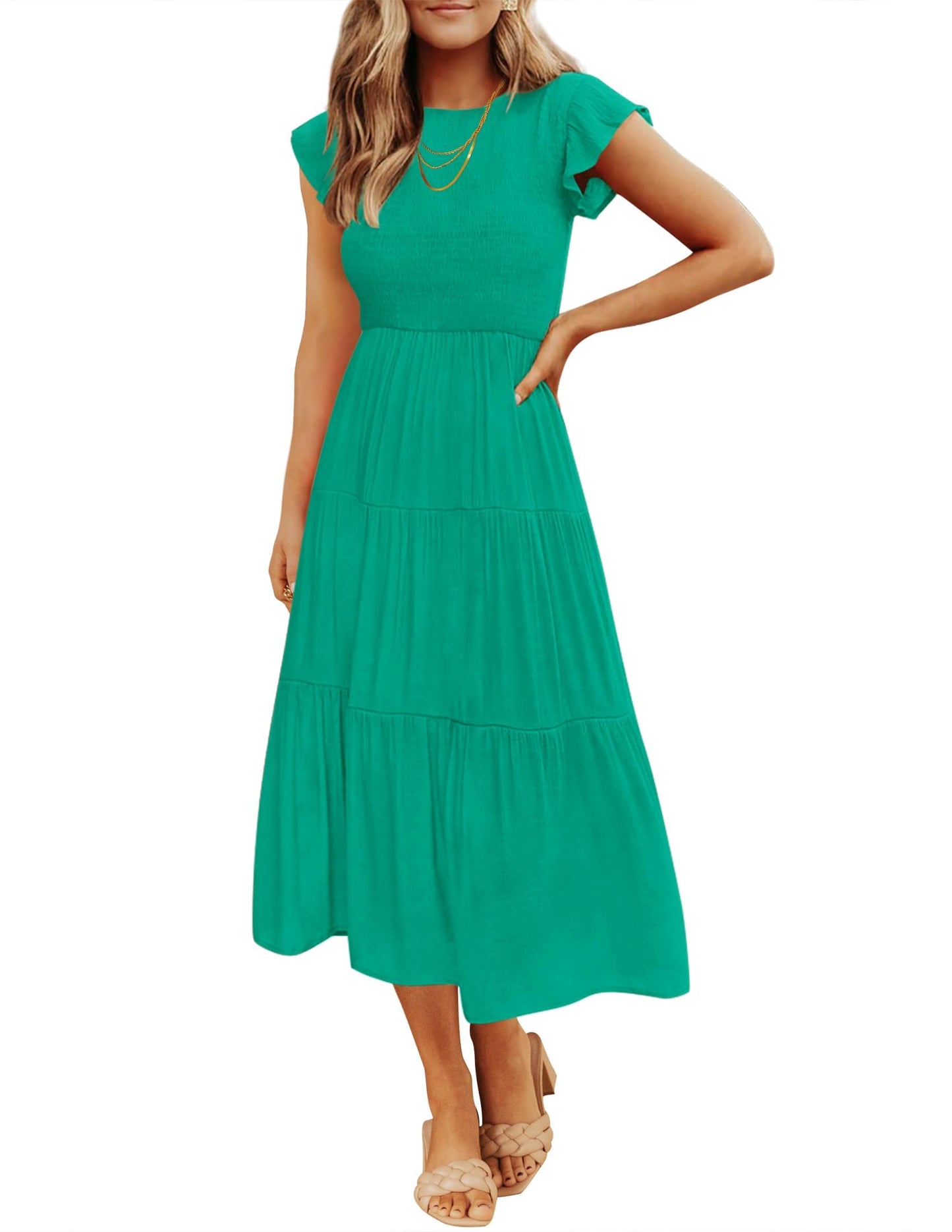 Blue Casual Dresses - Women's Summer Tiered Midi Dress - Flutter Sleeve Smocked Waist Green