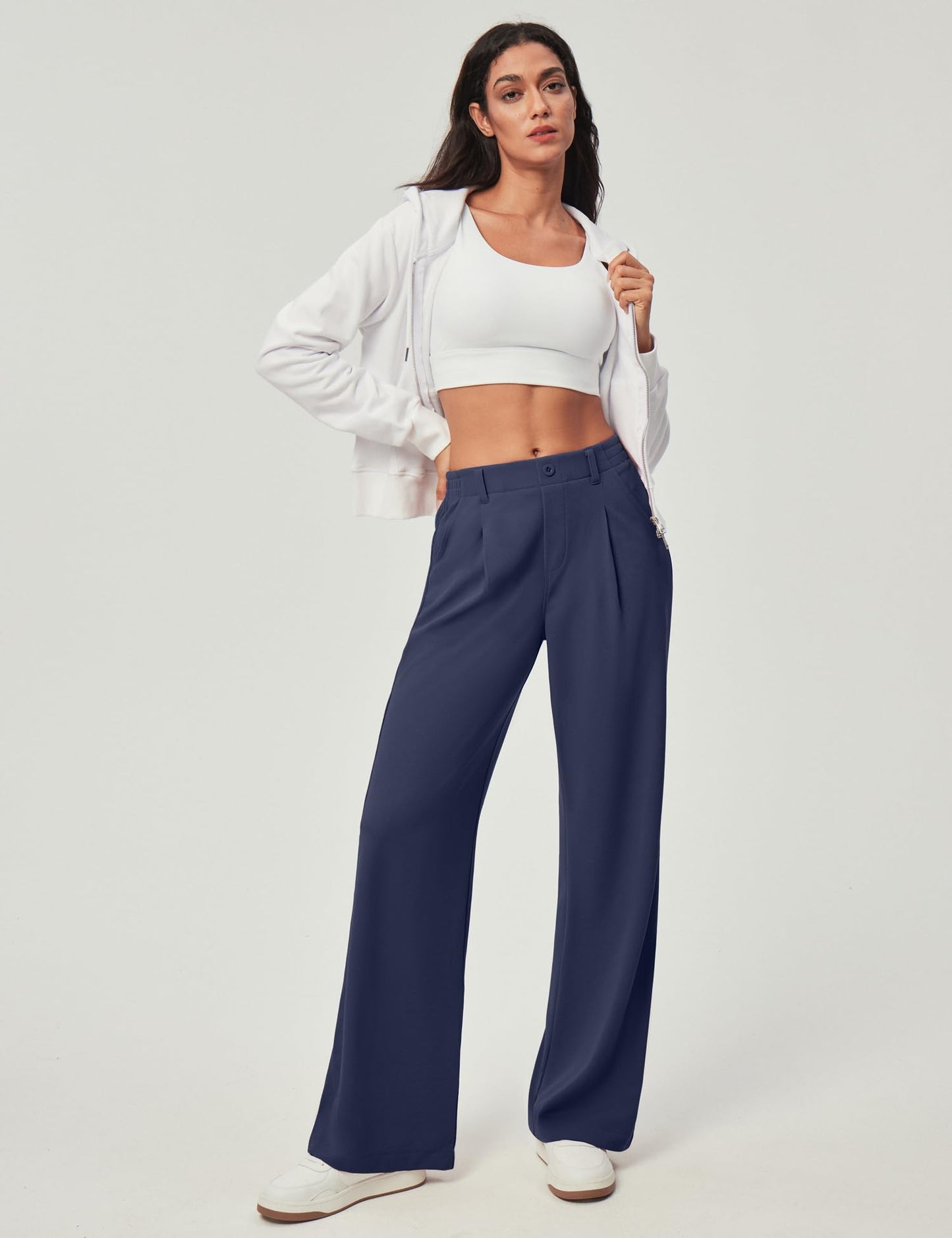Women's Wide Leg Work Pants - Stretchy Pull-On Business Casual Trousers with Pockets