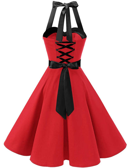 Vintage 1950s Cocktail Dress - Retro Halter Swing Dress for Party & Wedding