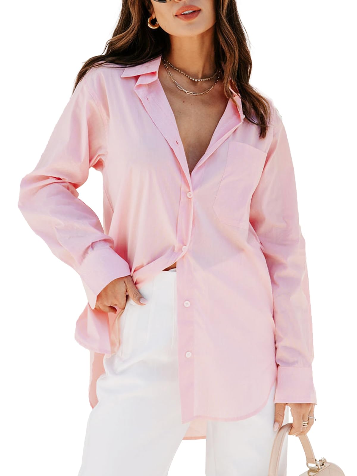 Women's Button Down Shirt - Long Sleeve V-Neck Blouse with Pockets Be Pink
