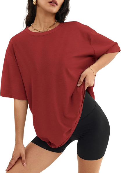 Women's Oversized T Shirts - Loose Fit Crewneck Short Sleeve Casual Tops Winered