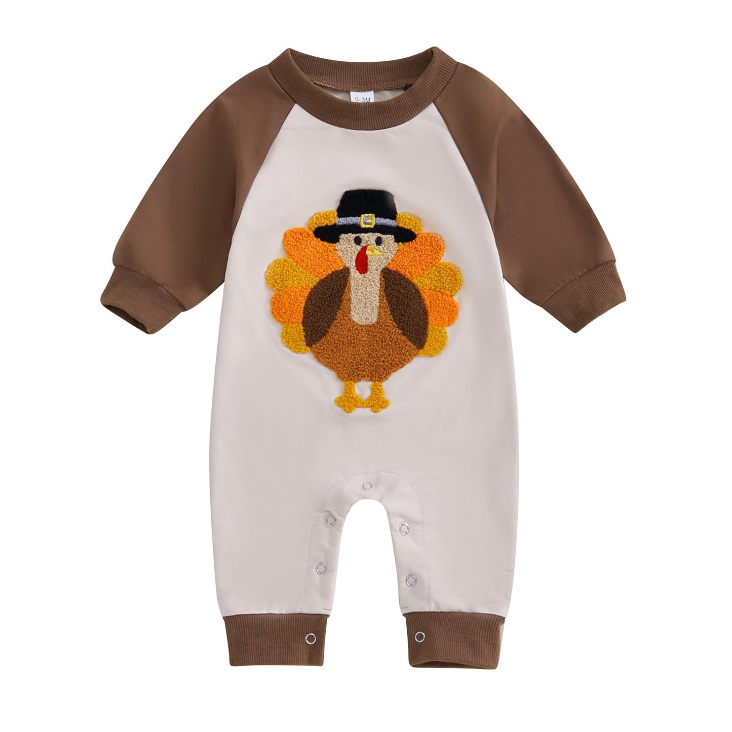 Baby Halloween Pumpkin Patch Romper - Long Sleeve Fall Winter Jumpsuit Embroidered Turkey Brown Thanksgiving
