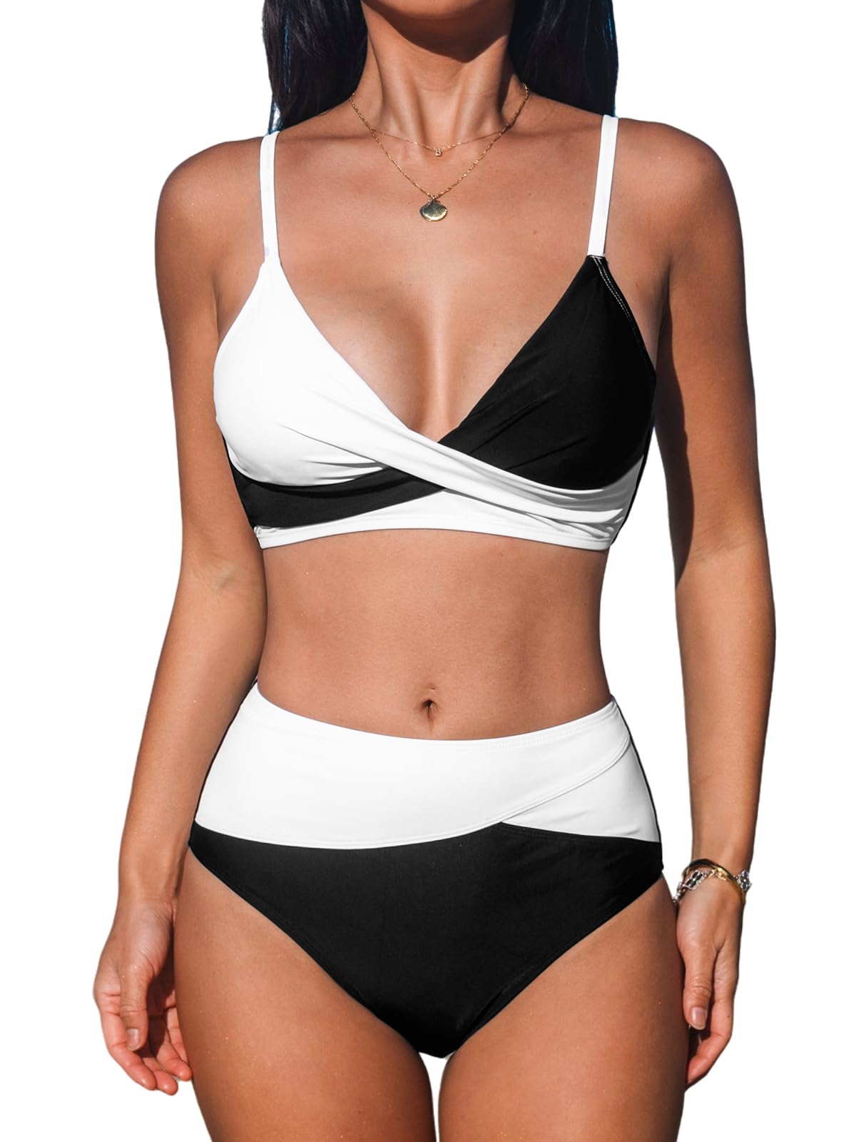 Women's High Waisted Bikini Set - V Neck Twist Front Two Piece Swimsuit with Adjustable Straps