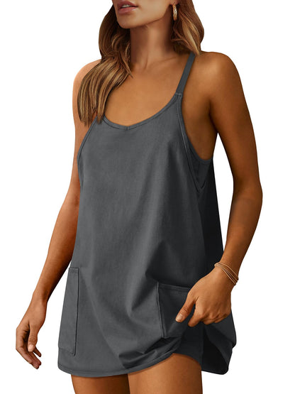 Athletic Dress Women Tennis Workout Sports Mini Romper with Built-in Shorts Gray