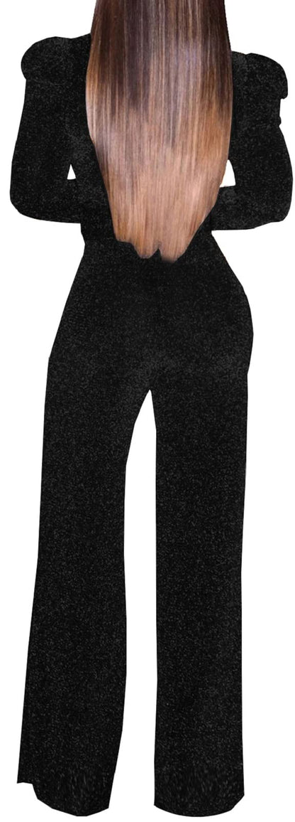Women's Sparkly Jumpsuits Sexy Long Sleeve Cocktail Elegant Mock Neck Bodycon Straight Long Pants Rompers with Pockets