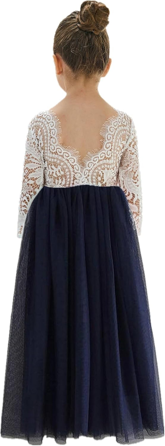 Girls Tulle Flower Girl Dress - Lace Back A-Line Party Dress