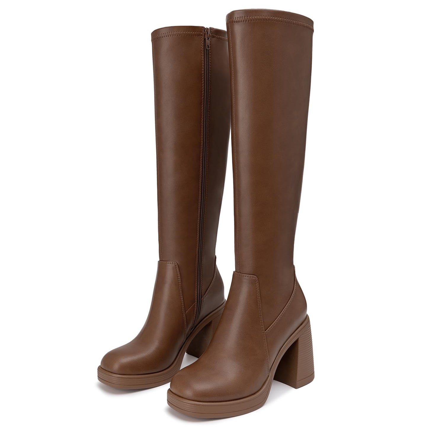 Athlefit Knee High Boots Women Chunky Platform High Heel Tall Boots Square Toe Fashion Dress Stretch Long Heeled Booties Tan Size 7.5