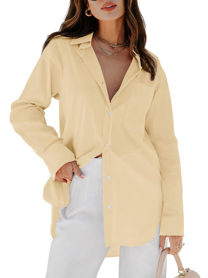 Women's Button Down Shirt - Long Sleeve V-Neck Blouse with Pockets