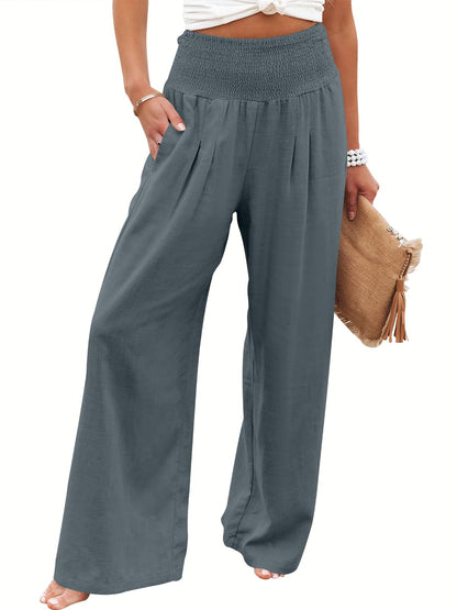 Linen Palazzo Pants Women Wide Leg High Waist Summer Boho Casual Lounge Pants Grey