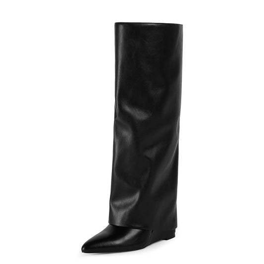 Modatope Black Slouchy Fold Over Knee High Boots for Women 2025 Pointed Wedge Heeled Fall Tall Boots Shark Long Boots Size 7.5