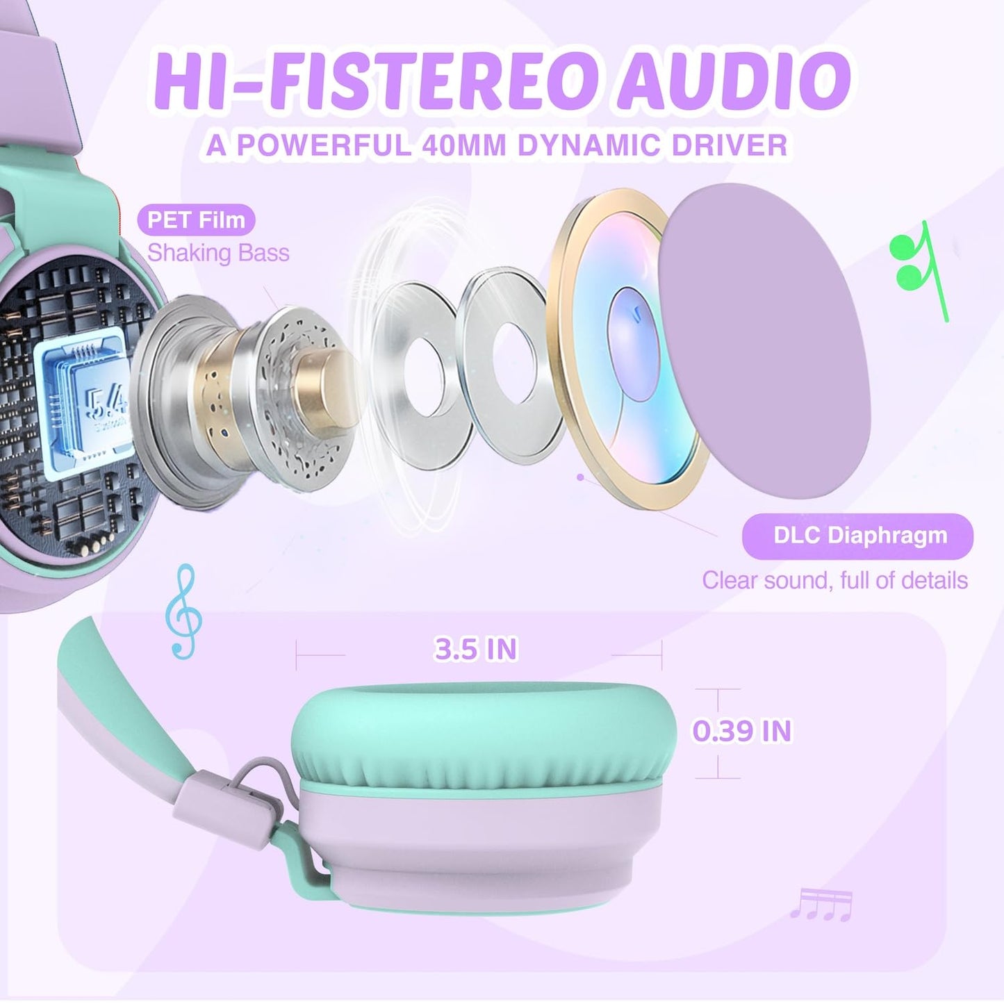 Kids Headphones Volume Limited 85/94dB - Wired Over-Ear Foldable Headset with Microphone Pink