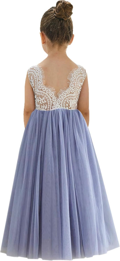 Girls Tulle Flower Girl Dress - Lace Back A-Line Party Dress Bluish Gray Sleeveless Maxi