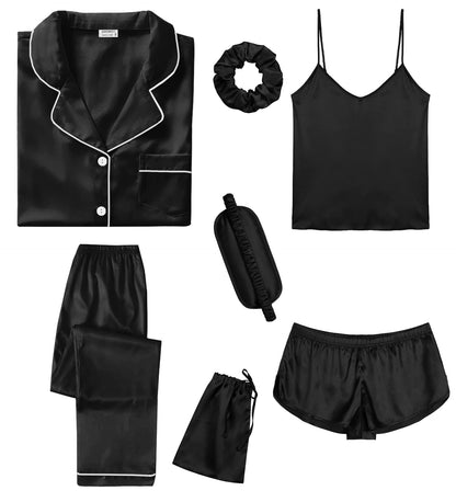 SWOMOG Womens Silk Satin Pajamas Sets 7pcs Sleepwear Sexy Cami Shorts Set and Button Down Short Sleeve Satin Pjs
