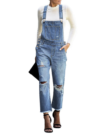 Denim Bib Overalls - Adjustable Loose Fit Jeans Jumpsuit for Women A2 Blue Tides
