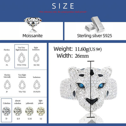 YIMERAIRE 2.77 Carats Moissanite Leopard Ring S925 Sterling Silver Iced Out Panther Ring D Color VVS1 Cheetah Dainty Moissanite Rings Non Tarnish 18K Gold Plated Rings for Women Men Size 7