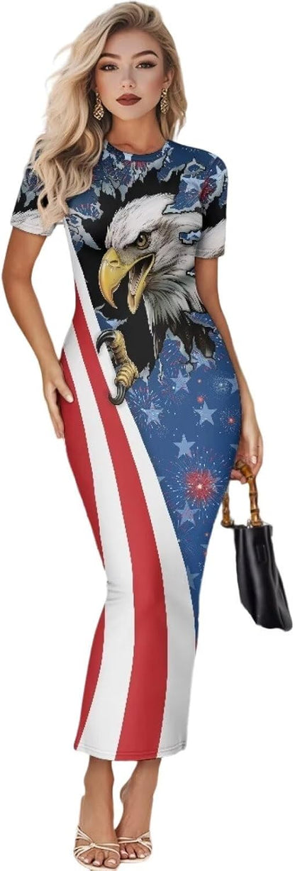 Women's Jamaican Flag Bodycon Midi Dress Short Sleeve 4th of July Patriotic-blue