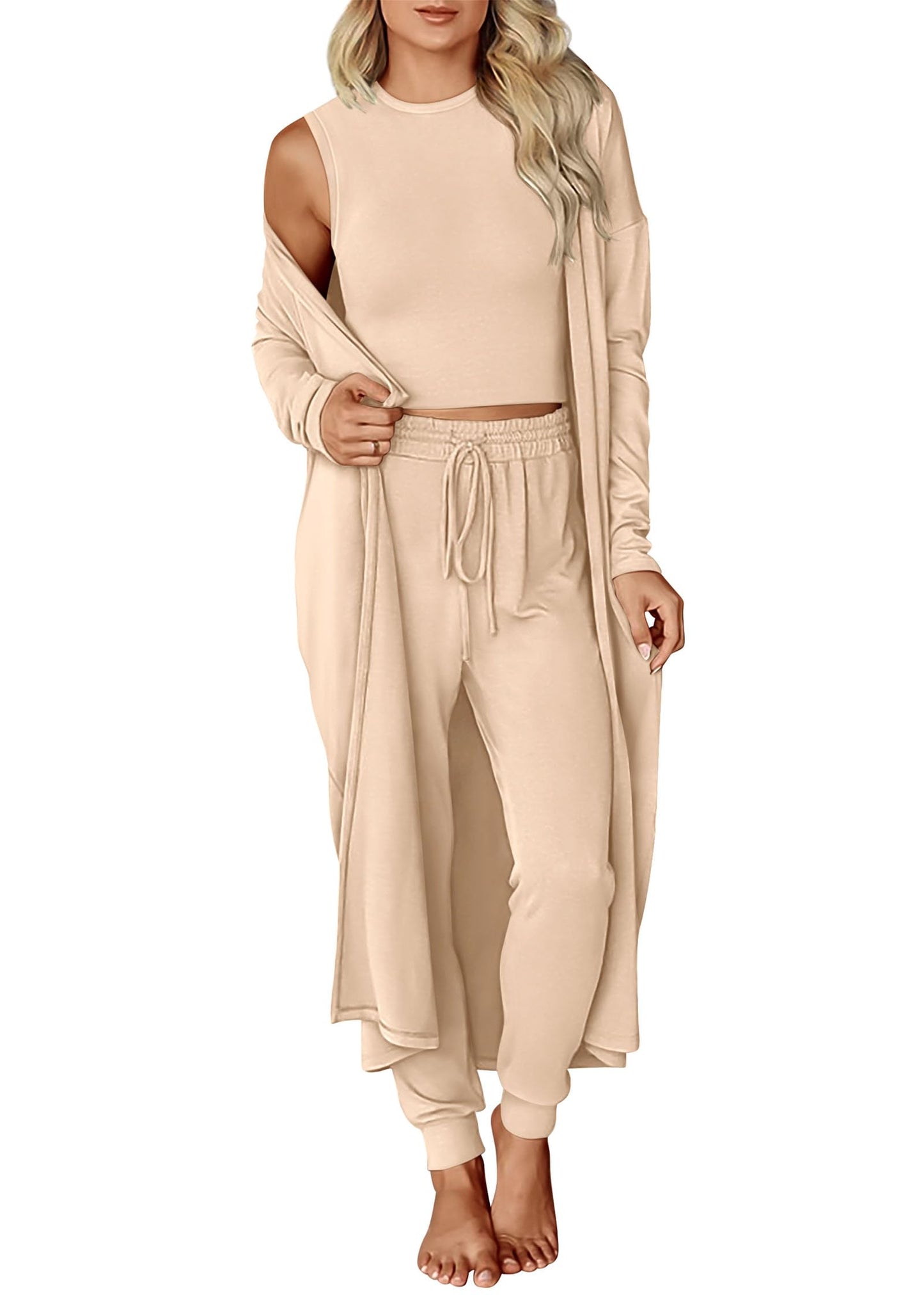 KIRUNDO 3 Piece Lounge Sets for Women Airport Travel Vacation Outfits 2025 Fall Cardigan Matching Sleeveless Top Jogger Pants