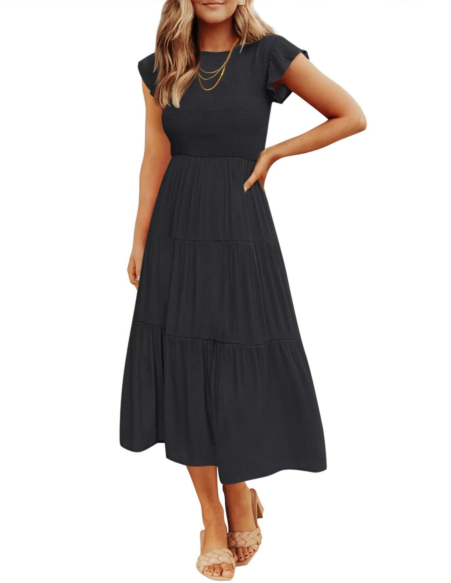Blue Casual Dresses - Women's Summer Tiered Midi Dress - Flutter Sleeve Smocked Waist Black