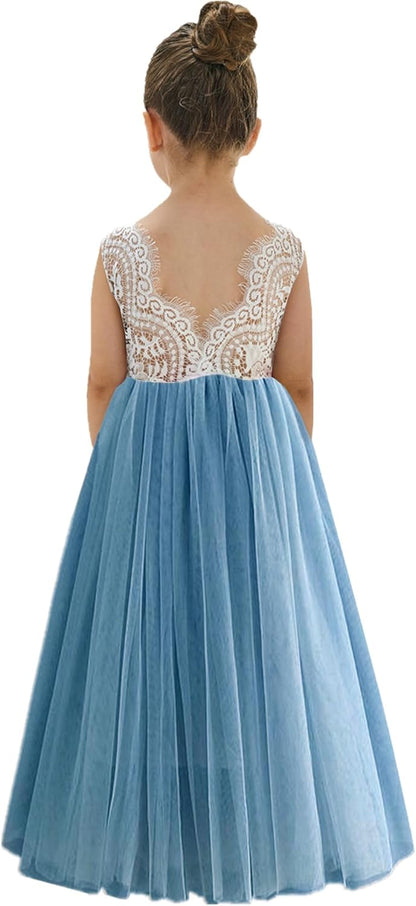 Girls Tulle Flower Girl Dress - Lace Back A-Line Party Dress Dusty Blue Sleeveless Maxi