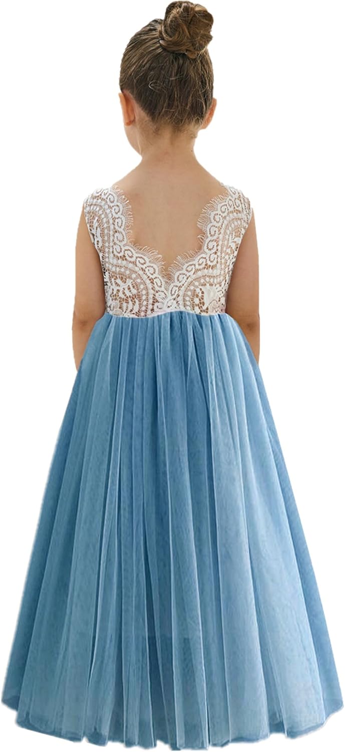 Girls Tulle Flower Girl Dress - Lace Back A-Line Party Dress Dusty Blue Sleeveless Maxi